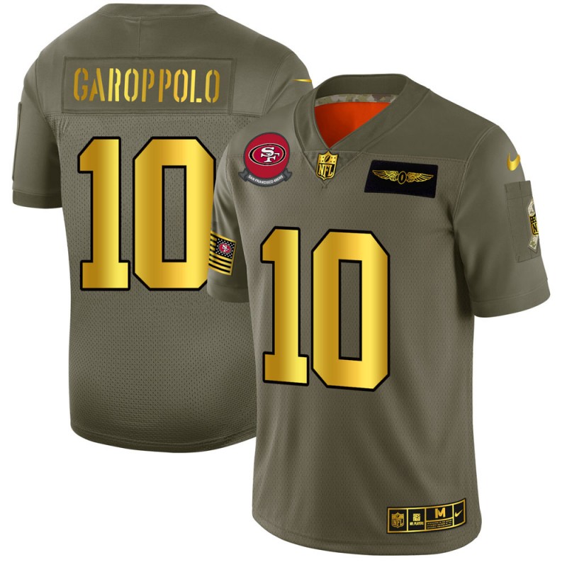 Men's San Francisco 49ers #10 Jimmy Garoppolo 2019 Olive/Gold Salute To Service Limited Stitched NFL Jersey